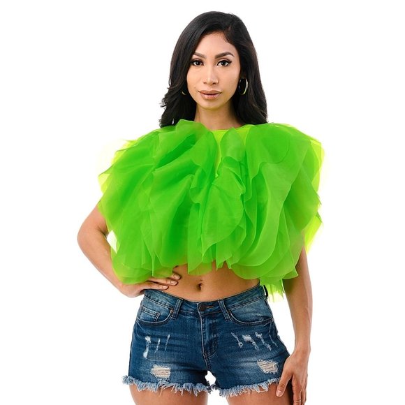 Yellow Ruffle Tulle Crop Top Blouse – Statement Organza Top - Picture 9 of 9